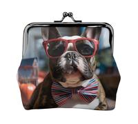 Porte-monnaie en cuir pour femme avec verrou de baiser, motif bouledogue français portant des lunettes de soleil, mini porte-monnaie pochette à monnaie