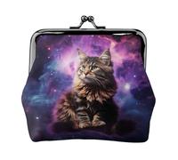 Porte-monnaie en cuir pour femme avec verrou de baiser, motif chat assis à l'intérieur de la nébuleuse