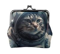 Porte-monnaie en cuir pour femme avec verrou de baiser, motif chat astronaute dans l'espace