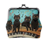 Porte-monnaie en cuir pour femme avec verrou de baiser, motif chats allongés sur le clavier du piano