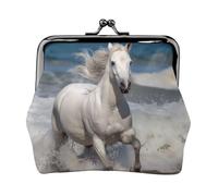 Porte-monnaie en cuir pour femme avec verrou de baiser, motif cheval blanc courant sur la mer