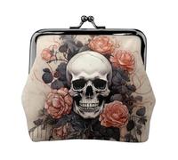 Porte-monnaie en cuir pour femme avec verrou de baiser, motif crâne antique et fleurs, mini porte-monnaie