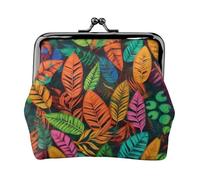 Porte-monnaie en cuir pour femme avec verrou de baiser, motif feuilles colorées de la jungle
