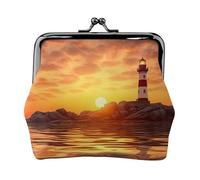 Porte-monnaie en cuir pour femme avec verrou de baiser, motif phare de mer au coucher du soleil