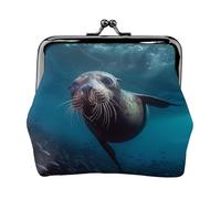Porte-monnaie en cuir pour femme avec verrou de baiser, pochette sous-marine, motif lion de mer, mini porte-monnaie