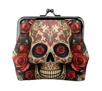 Porte-monnaie en cuir pour femme avec verrou de baiser, rose rouge, tête de mort, mini porte-monnaie