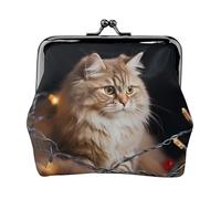 Porte-monnaie en cuir pour femme avec verrou de baiser, un chat et des lumières de Noël, mini sac à main