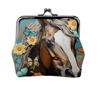 Porte-monnaie en cuir pour femme avec verrou de baiser, un cheval avec fleurs et papillons, mini porte-monnaie