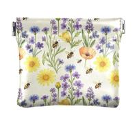 Porte-monnaie en cuir synthétique pour femme avec pincement pour ouvrir | Doux, imperméable, format de poche, épingles à nourrice, trombones, }herbe violette marguerite jaune