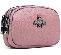 Porte-Monnaie en Cuir véritable pour Femme - Double Zipper Bee Change Pouch Wallet Card Holder Porte-Monnaie Mini Simple Cute Coin Pocket utile pour Les Femmes (Rose)