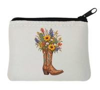 Porte-monnaie en néoprène avec motif bottes rustiques et fleurs sauvages Blanc 10 x 11 cm