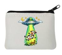 Porte-monnaie en néoprène avec motif de vache effrayée - Motif vaisseau spatial extraterrestre - Blanc - 10 x 11 cm