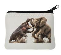 Porte-monnaie en néoprène Motif bataille entre éléphant et hippopotame Blanc 10 x 11 cm