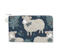 Porte-monnaie en toile avec motif fleur et feuille pour femme - Petit portefeuille fin avec fermeture éclair et porte-clés - Joli porte-monnaie - Petite pochette zippée, Mouton et houx, Taille unique