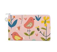 Porte-monnaie en toile avec motif oiseaux et abeilles de dessin animé pour femme - Petit portefeuille fin avec fermeture éclair et porte-clés - Petite pochette à fermeture éclair, Oiseaux et abeilles