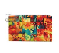 Porte-monnaie en toile rouge et noir avec motif écossais pour femme - Petit portefeuille fin avec fermeture éclair et porte-clés - Joli porte-monnaie - Petite pochette zippée, Motif Pixel Art, Taille