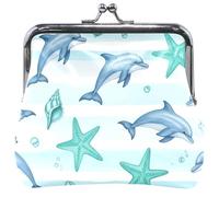 Porte-monnaie esthétique en cuir pour femme avec boucle mignonne, fermoir à baiser, pochette à monnaie portefeuille ludique dauphins bleus 11,5 x 10,5 cm