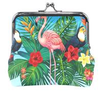 Porte-monnaie et pochettes en cuir rose avec serrure à baiser - Scène tropicale - Flamant rose - Toucan