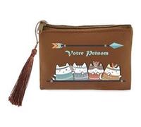 Porte monnaie et porte cles marron Taperso avec motif chat style boho et plume personnalisable Marron G