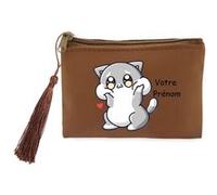 Porte monnaie et porte cles marron Taperso avec motif chat style kawaii personnalisable Marron G