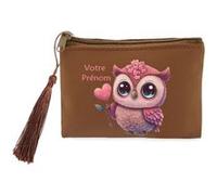 Porte monnaie et porte cles marron Taperso avec motif Chouette et fleur personnalisable Marron G