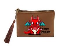 Porte monnaie et porte cles marron Taperso avec motif dragon kawaii rouge personnalisable Marron G