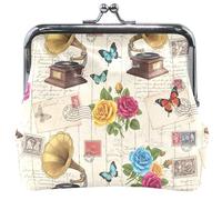 Porte-Monnaie Femme Mignon en Cuir avec Boucle et Fermoir Baiser, Style Vintage Parisien orné d'un Gramophone, 11,5 x 10,5 cm