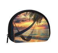 Porte-monnaie imprimé en forme de coco, motif coucher de soleil sur la plage, pour femmes, joli petit porte-monnaie avec fermeture éclair, Noir , Taille unique, Pochette à monnaie