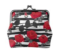 Porte-monnaie léger pour femme avec rayures noires et blanches et roses rouges - Petite pochette étanche pour pièces de monnaie et cartes