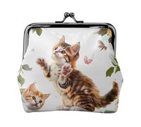 Porte-monnaie mignon en cuir PU imprimé chaton papillon pour femme avec serrure à baiser, Noir , Taille unique, Moderne