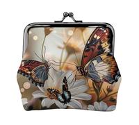 Porte-monnaie mignon en cuir synthétique avec imprimé papillon et fleurs pour femme avec verrou à baiser, Noir , Taille unique, Moderne