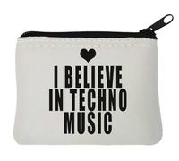 Porte-monnaie minimaliste en néoprène avec inscription « I Believe in Techno Music » en forme de cœur Blanc 10 x 11 cm