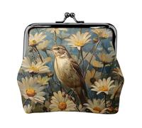 Porte-monnaie motif marguerites et oiseaux pour femme, petit portefeuille pour femme, petite trousse de maquillage pour porte-monnaie, portefeuille rétro ultra fin, noir, One Size, Art déco