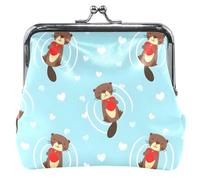 Porte-monnaie personnalisé en cuir bleu raton laveur pour femme, porte-monnaie avec serrure à baiser, pochette pour cartes de monnaie, amour raton laveur bleu, Love Raccoon Bleu, Classique.