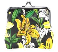 Porte-monnaie personnalisé en cuir pour femme, motif lys jaunes et blancs, pétales baisers, porte-monnaie pour pièces de monnaie