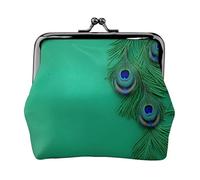 Porte-monnaie portable pour femme avec imprimé plumes de paon vert - Mini portefeuille à fermeture éclair avec verrou pour cartes de crédit - Noir, taille unique