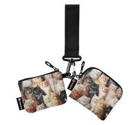 Porte-monnaie pour femme avec dragonne, porte-monnaie, porte-monnaie, porte-monnaie, pochette à changer, motif chats et famille, double pochette, Famille de chats, 10.5x10.5cm & 10.5x9cm, Pochette à