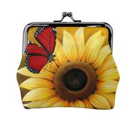 Porte-monnaie pour femme avec tournesols jaunes avec imprimé papillon rouge mignon en cuir synthétique avec fermeture à baiser, noir, taille unique, motif, Noir , Taille unique, Motif :