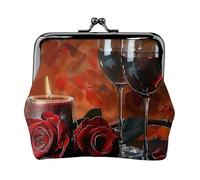 Porte-monnaie pour femme en cuir synthétique avec imprimé rose vin rouge et bougie, noir, taille unique, motif, Noir , Taille unique, Motif :