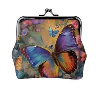 Porte-monnaie pour femme en cuir synthétique avec motif floral et papillon avec verrou à baiser, Noir , Taille unique, Pochette à monnaie