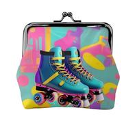 Porte-monnaie rétro coloré avec imprimé patins à roulettes, mini porte-monnaie pour femme, petit porte-monnaie pour carte de crédit, carte d'identité, clé, noir, One Size, Vintage