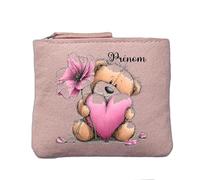 Porte Monnaie Rose Poudre Motif Ourson Fleurs Personnalisable