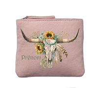Porte Monnaie Rose Poudre Motif Skull Bull Plumes Personnalisable