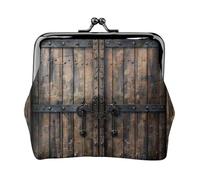 Porte-monnaie rustique avec porte en bois imprimée pour femme - Joli portefeuille en cuir synthétique - Mini porte-monnaie avec serrure à baiser, Noir , Taille unique, Pochette à monnaie