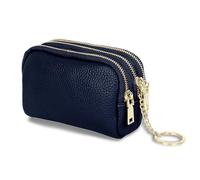 Porte-Monnaie zippé à pièces Bleu Véritable Cuir Porte-Monnaie Femme Portable Mini Porte-Monnaie Trois Fermetures éclair Petit Portefeuille avec de Nombreux Compartiments