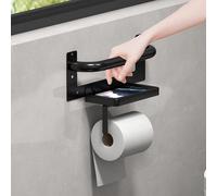Porte-papier toilette avec barre d'assistance - Poignée de sécurité de salle de bain noire mate avec porte-rouleau de papier toilette et étagère - Barre d'appui de 136 kg pour baignoire et douche