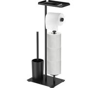 Porte-papier toilette debout brosse et étagère - Ultra grand - Avec brosse WC - Support de rouleau de papier toilette debout - En acier inoxydable - Noir