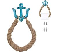 Porte-papier toilette en corde nautique, anneau de serviette mural, support de rouleau de papier toilette en corde vintage, crochet d'ancre en métal, pour décoration sur le thème de la plage (bleu)