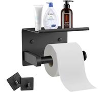Porte Papier Toilette Mural ou Auto-Adhésif, Support Papier Rouleau WC Acier Inoxydable avec Etagère, Derouleur Papier Toilette avec 2 Crochets, Distributeur Papier Percage sans pour Salle Bain(Noir)
