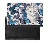 Porte-passeport - Accessoires de voyage - Ours marron - Imperméable - Portefeuille de voyage avec emplacements pour cartes - Pour homme et femme, Papillon bleu et chat blanc, Taille unique